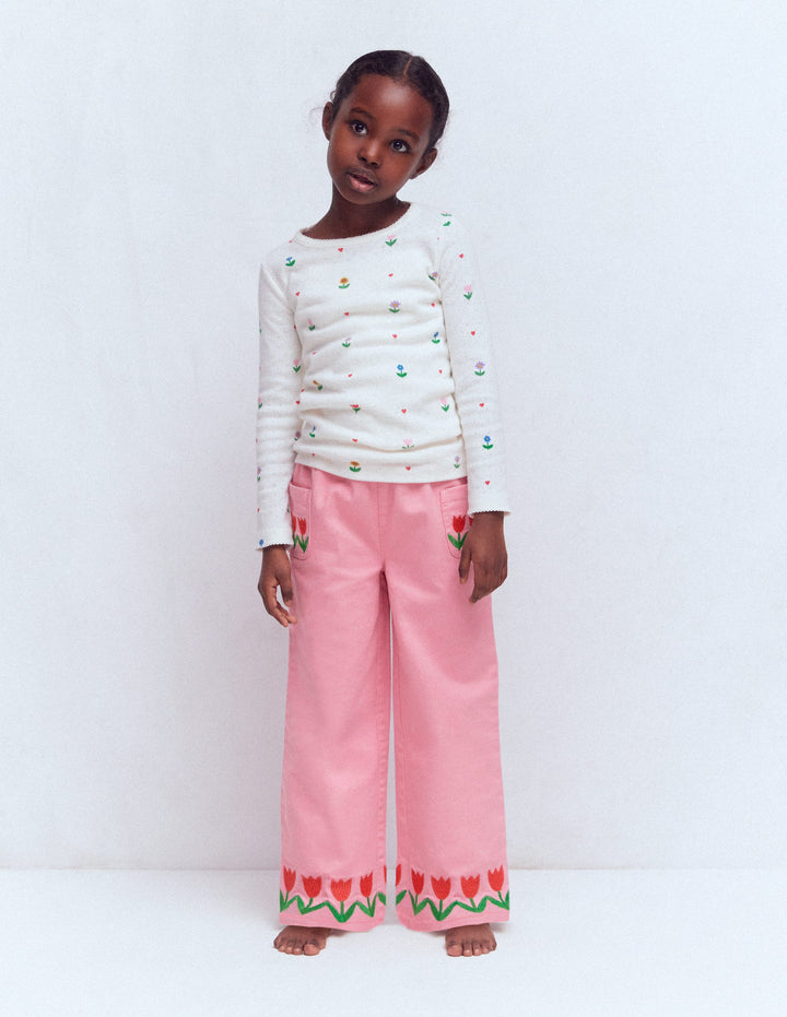 Wide Leg Pull-on Jeans-Pink Tulips