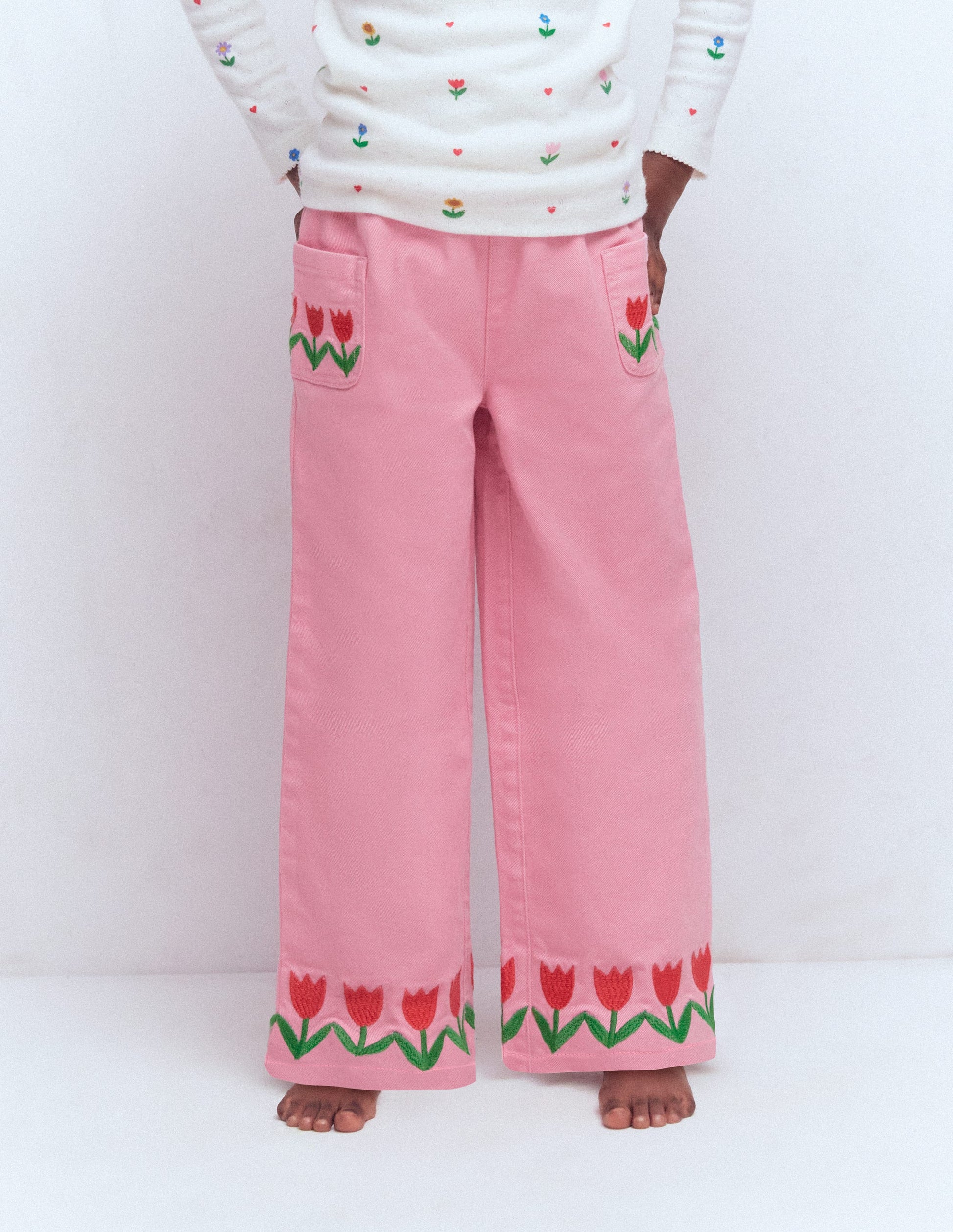 Wide Leg Pull-on Jeans-Pink Tulips-3