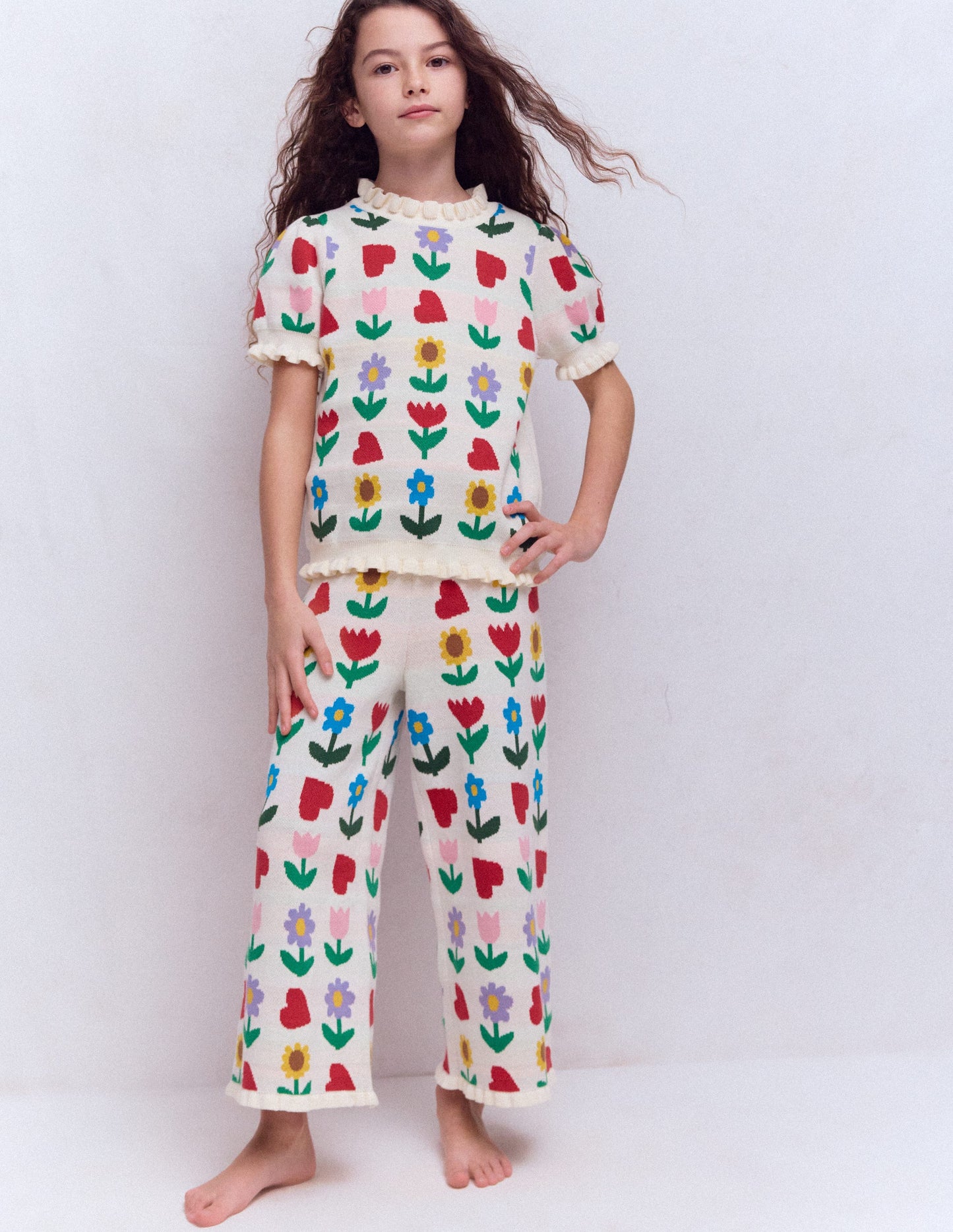 Flared Knitted Trousers-Ecru Marl Sunflower Garden