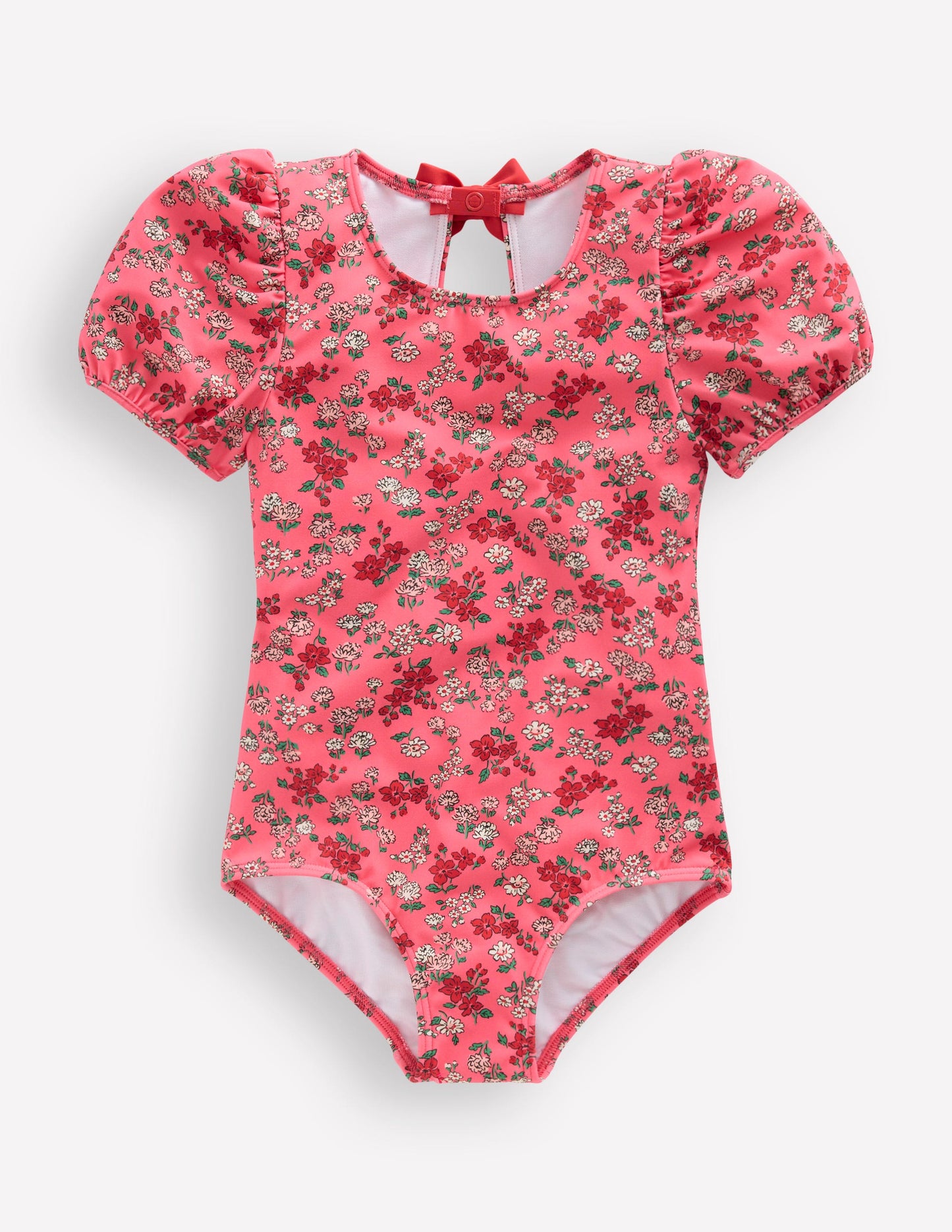Puff Sleeve Swimsuit-Salmon Pink Meadow Floral