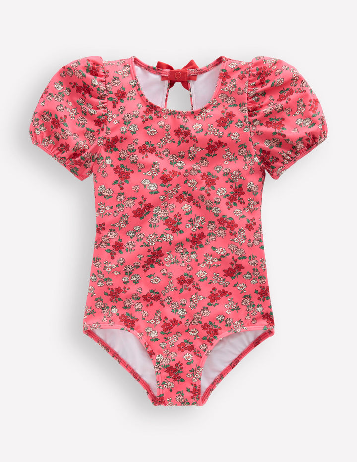 Puff Sleeve Swimsuit-Salmon Pink Meadow Floral