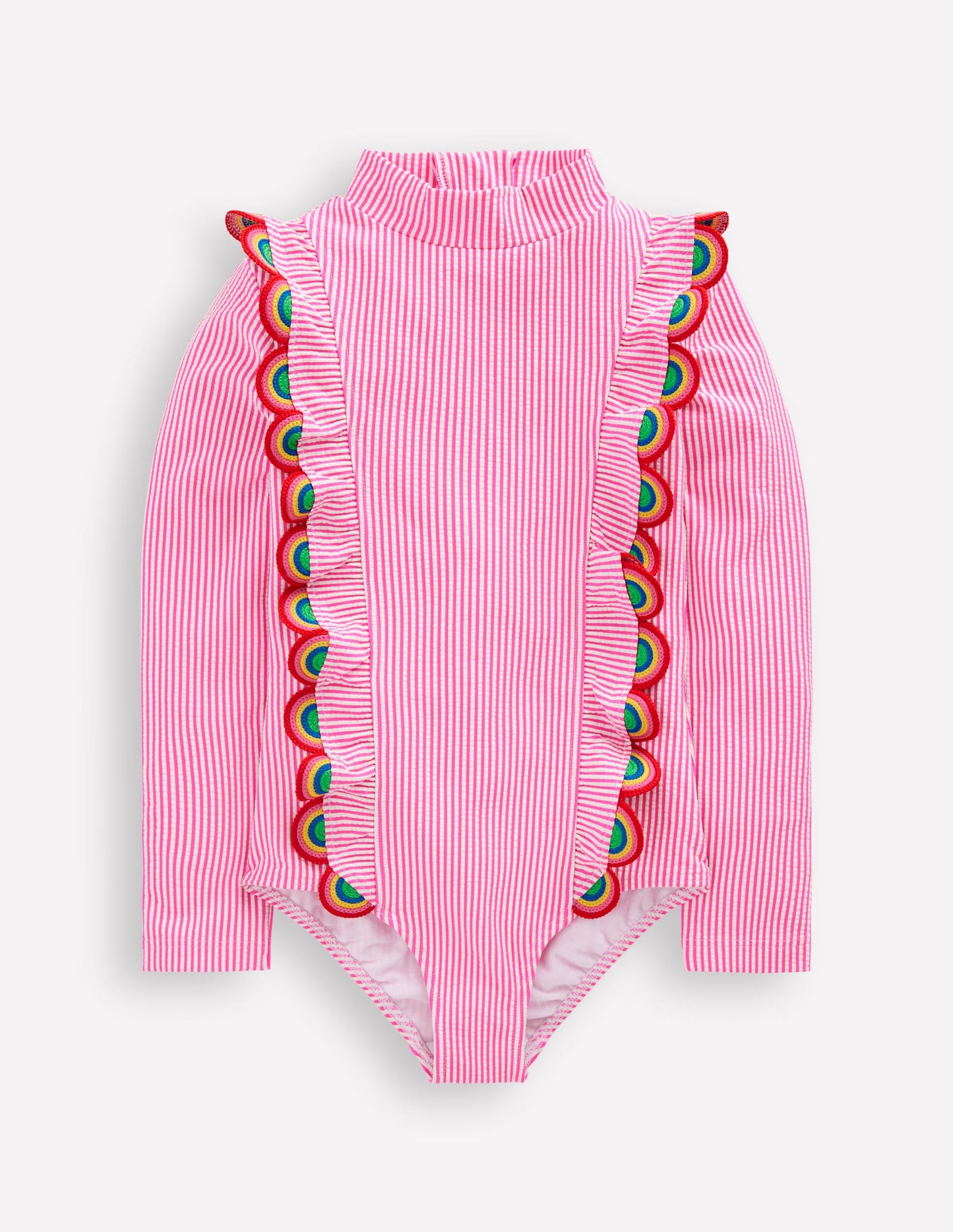 Long Sleeve Frill Swimsuit-Pink Glo Stripe Rainbow