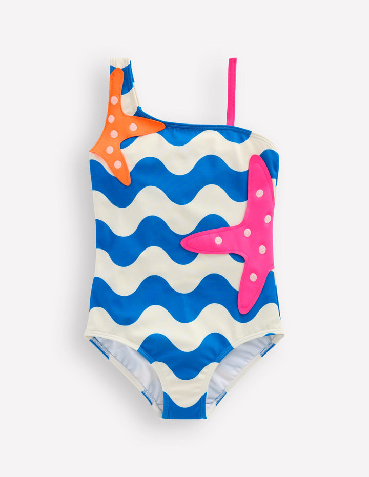 One Shoulder Appliqué Swimsuit-Kingfisher Blue Wave Starfish
