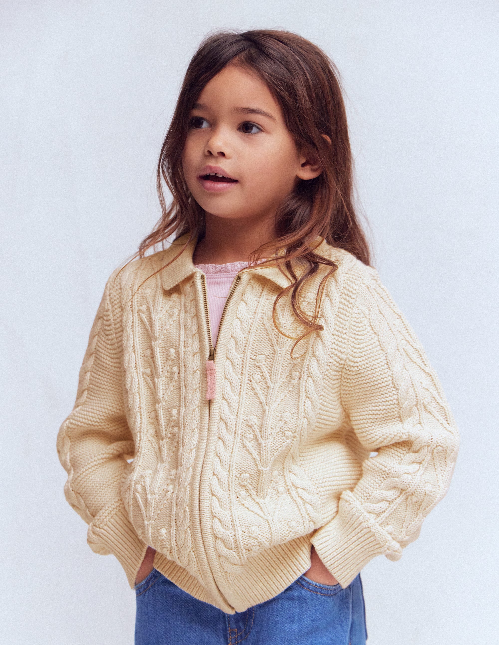 Collared Cable Zip-up-Ecru Marl - Image 1