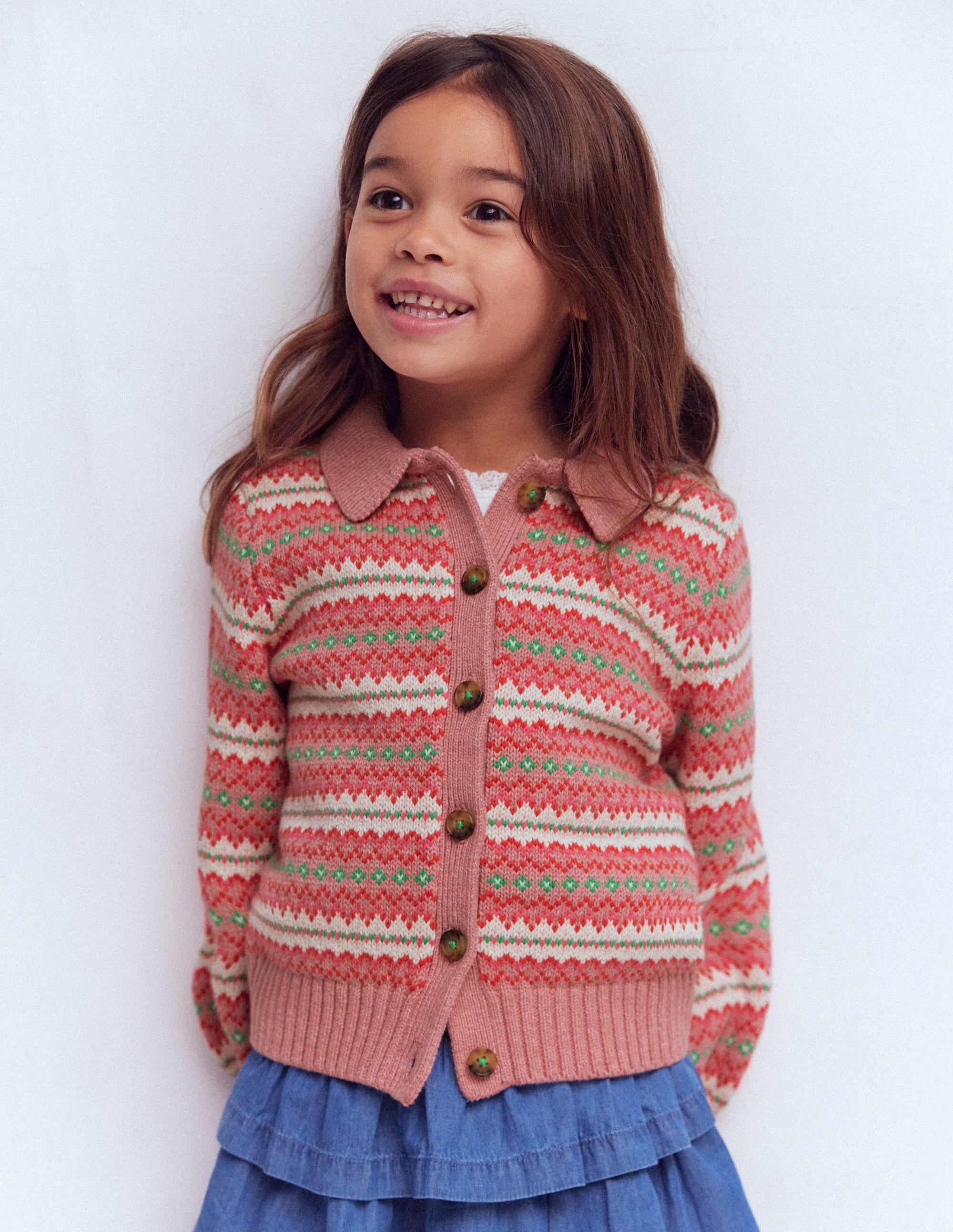 Collared Fair Isle Cardigan-Vintage Pink - Image 1