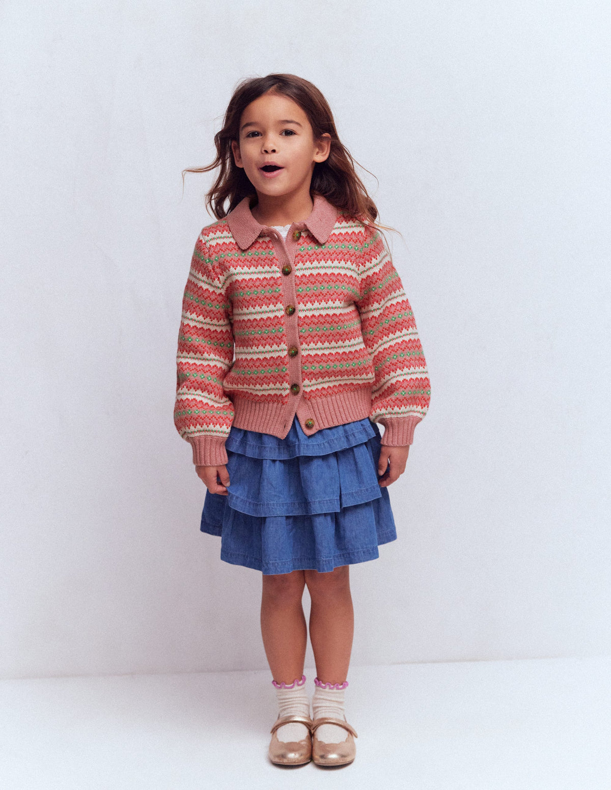 Collared Fair Isle Cardigan-Vintage Pink - Image 3