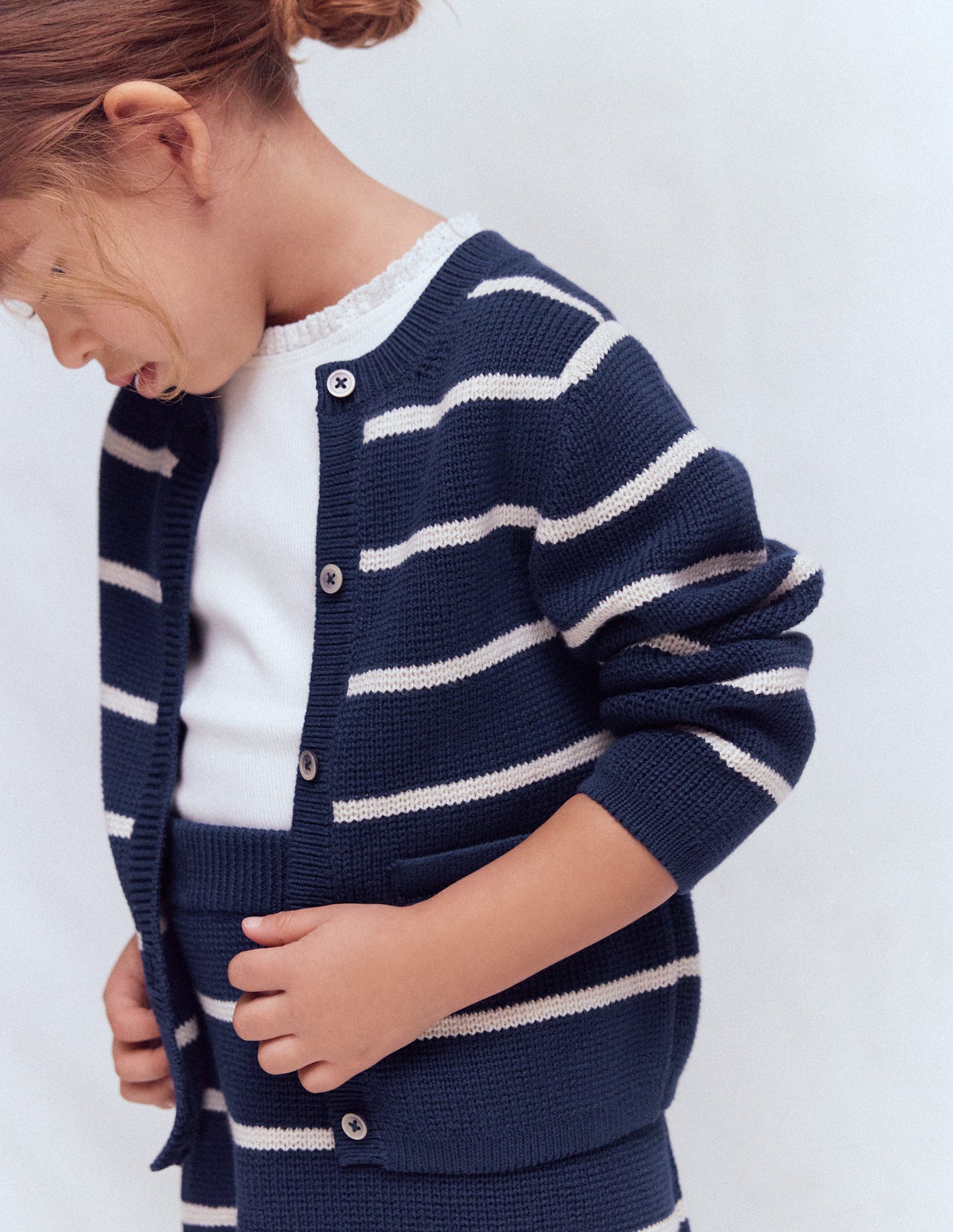 Crew Neck Knitted Jacket-College Navy/Soft Ivory Stripe