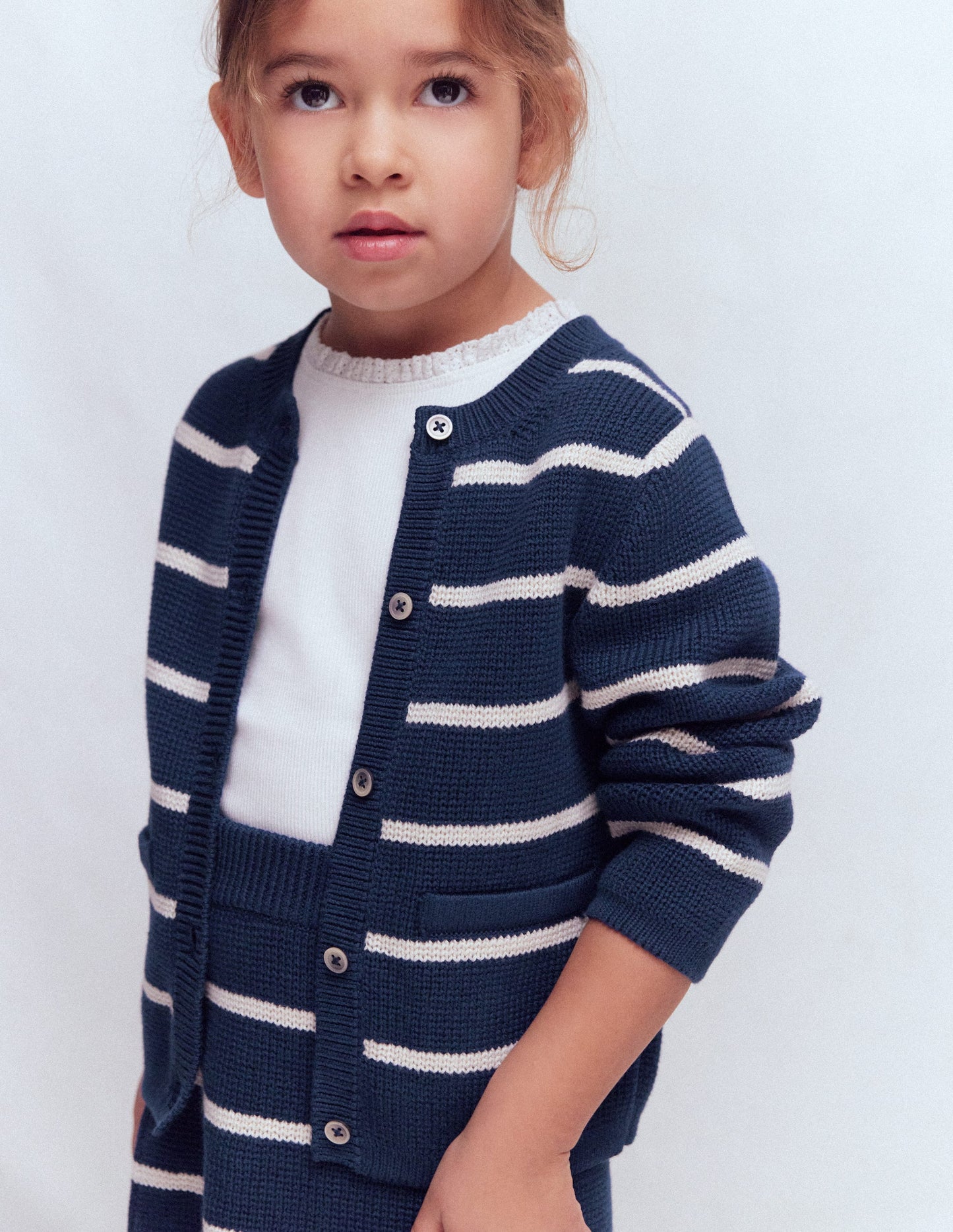 Crew Neck Knitted Jacket-College Navy/Soft Ivory Stripe