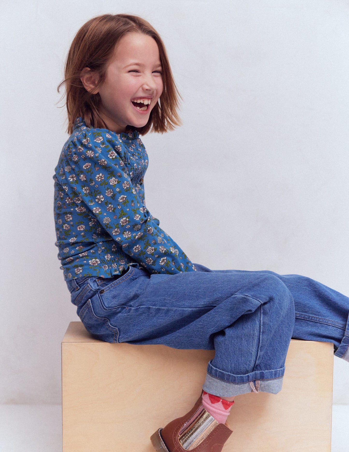 Smocked Jersey Blouse-Delft Garden Flower