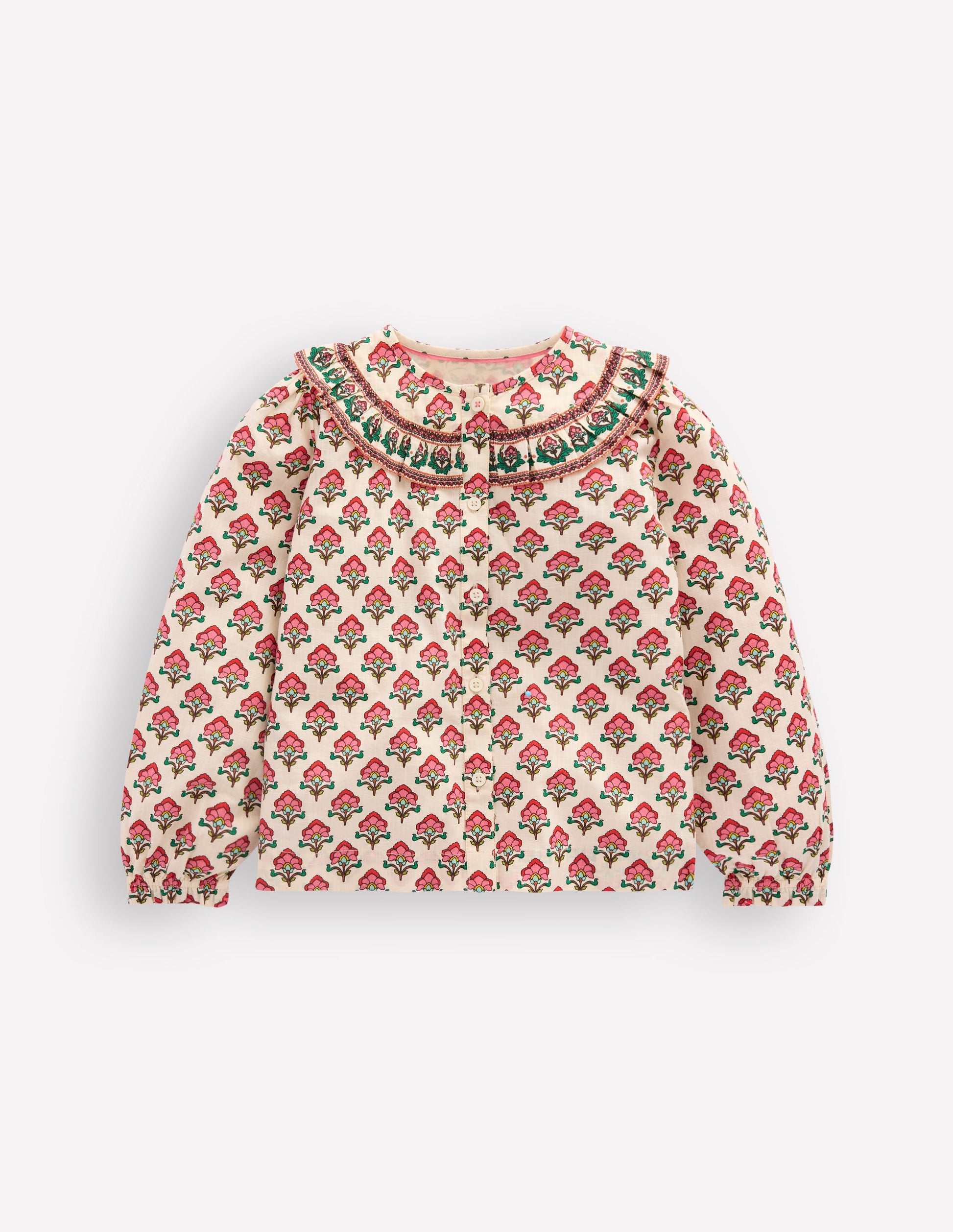 Frill Yoke Blouse-Woodlblock Flower-1