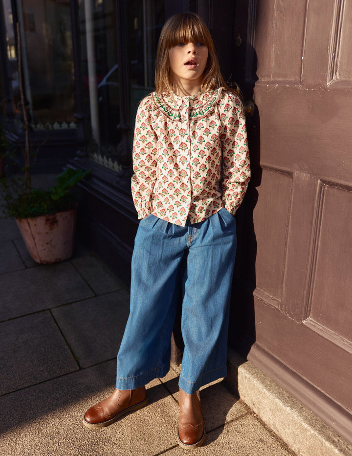 Frill Yoke Blouse-Woodlblock Flower