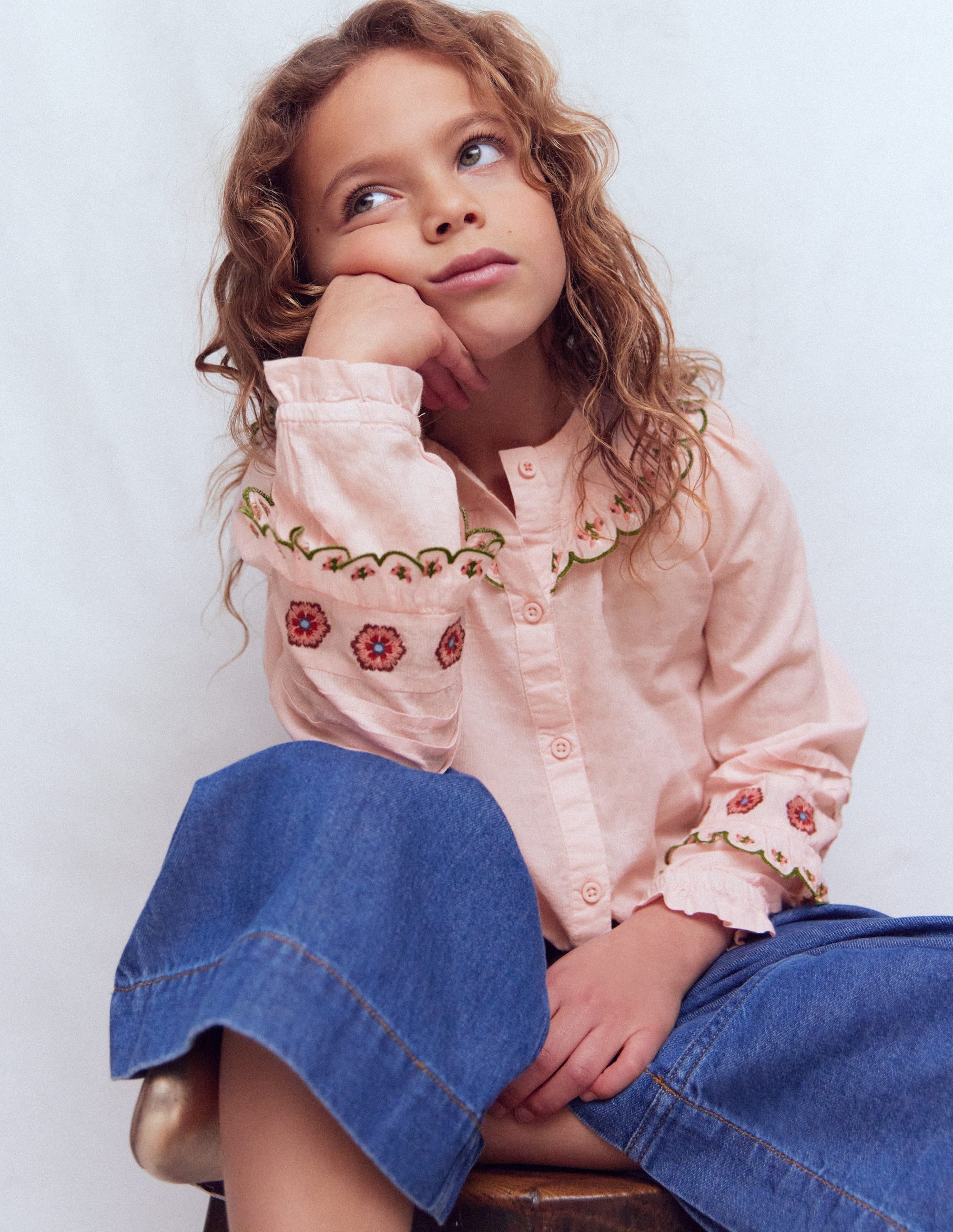 Frill Yoke Blouse-Lotus Embroidery - Image 1