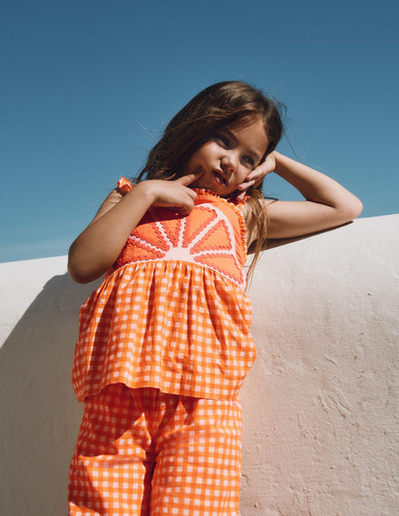 Novelty Strappy Top-Orange and Ivory Gingham