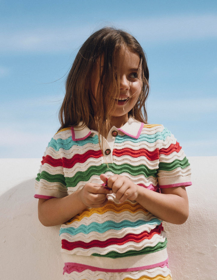 Pointelle Knitted Polo Top-Ecru Marl Multi Wave