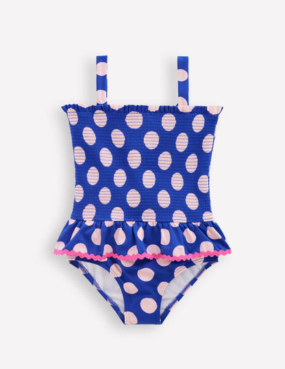 Peplum Smocked Swimsuit-Bright Blue Polka Dot-1
