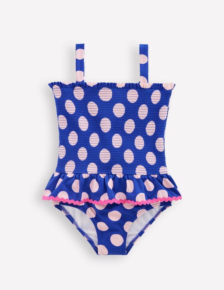 Peplum Smocked Swimsuit-Bright Blue Polka Dot