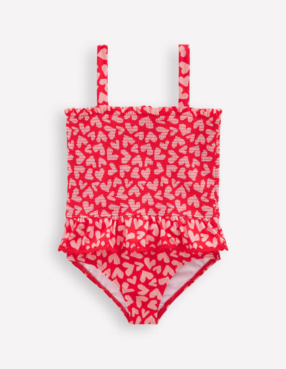 Peplum Smocked Swimsuit-Rockabilly Red Collage Hearts-1