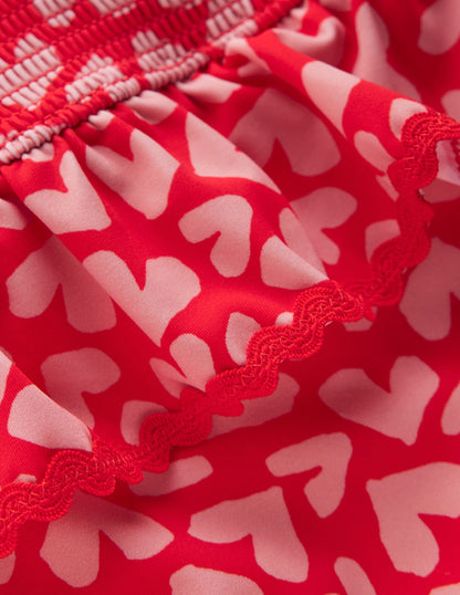 Peplum Smocked Swimsuit-Rockabilly Red Collage Hearts-3
