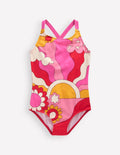 Cross-Back Printed Swimsuit-Cinnamon Red Sixties Sunrise