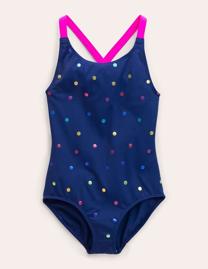 Cross-Back Printed Swimsuit-Rainbow Foil Confetti Spot