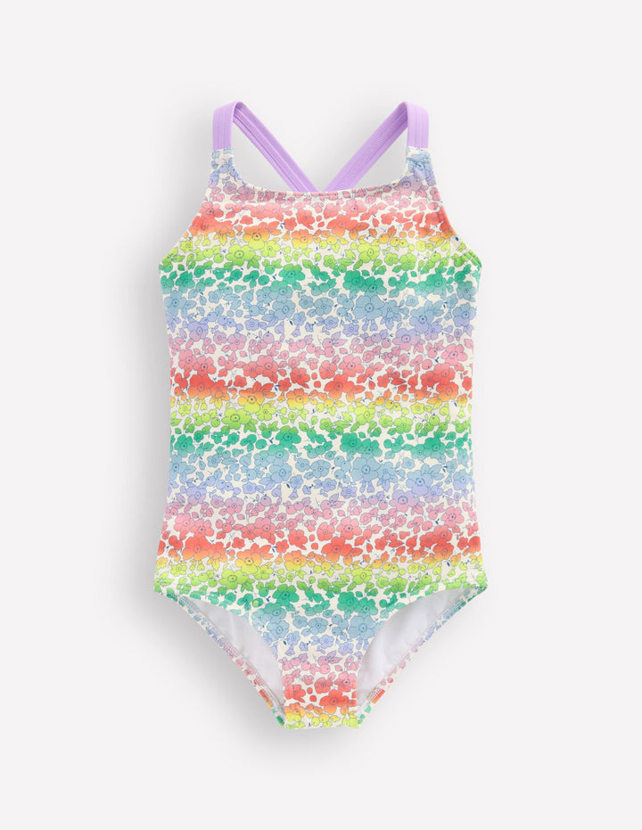 Cross-back Printed Swimsuit-Rainbow Ombre Flowerbed