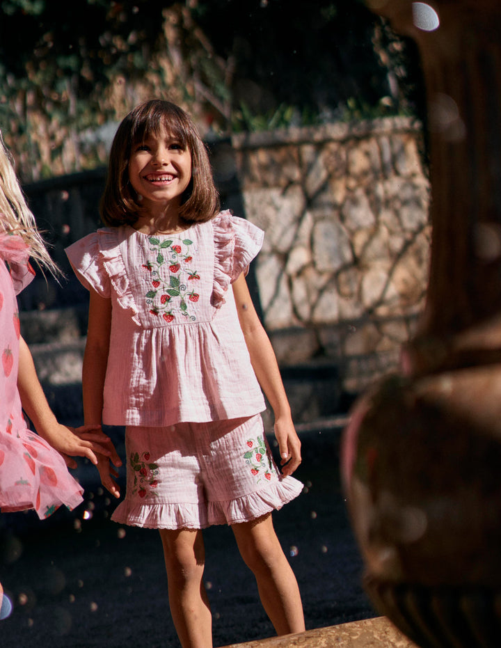 Embroidered Frilly Woven Top-Lotus Strawberries