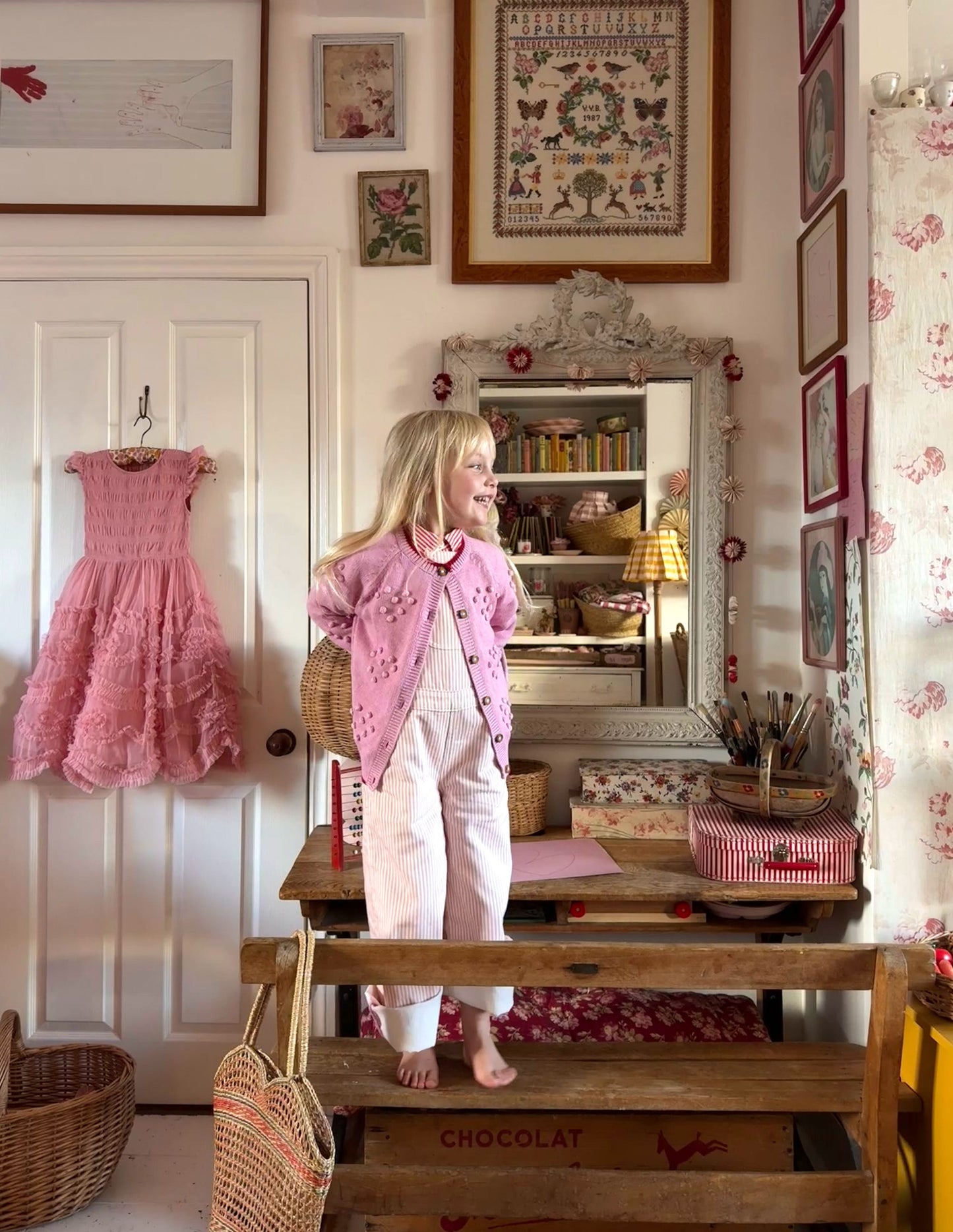 Wide Leg Dungaree-Pink Ticking Stripe