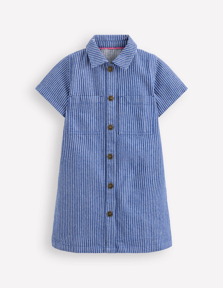 Denim Shirt Dress-Sapphire Blue Stripe