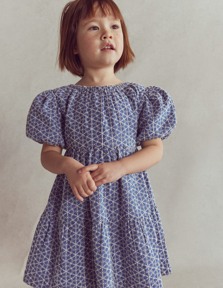 Puff Sleeve Cross Back Dress-Chambray Broderie