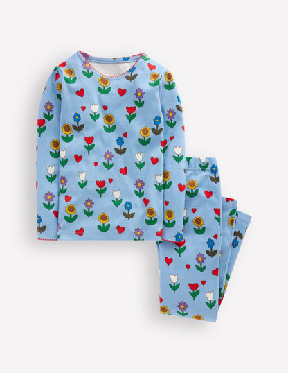 Snug Long John Pyjamas-Glacier Blue Sunflower Garden-1