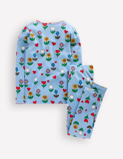 Snug Long John Pyjamas-Glacier Blue Sunflower Garden-2