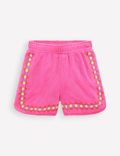 Towelling Embroidered Shorts-Sorbet Pink Embroidery-3