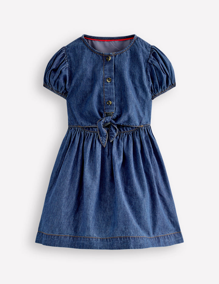 Tie Front Woven Dress-Denim