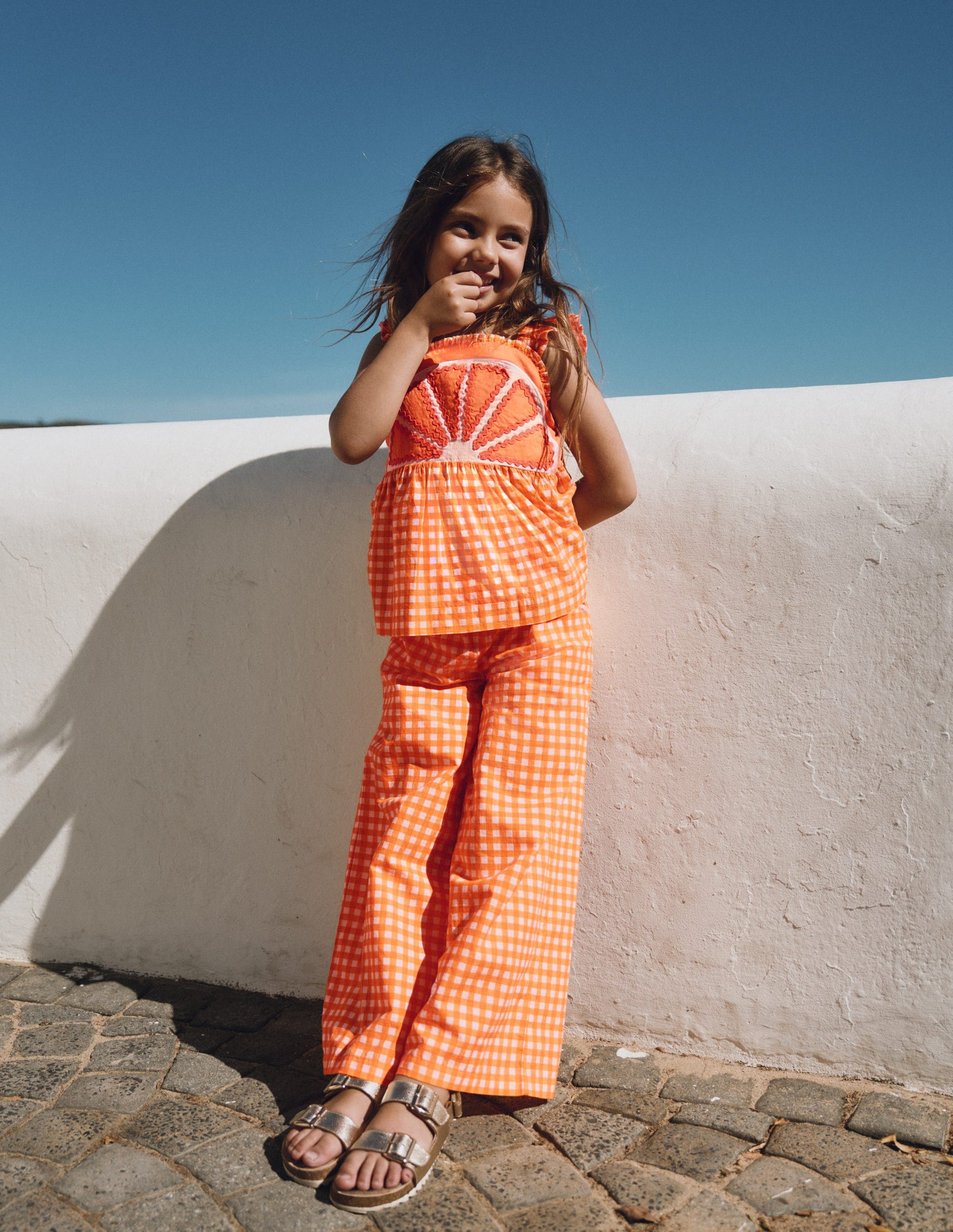 Wide Leg Trousers-Orange/Ivory Gingham-4