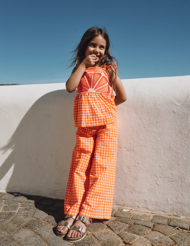 Wide Leg Trousers-Orange/Ivory Gingham
