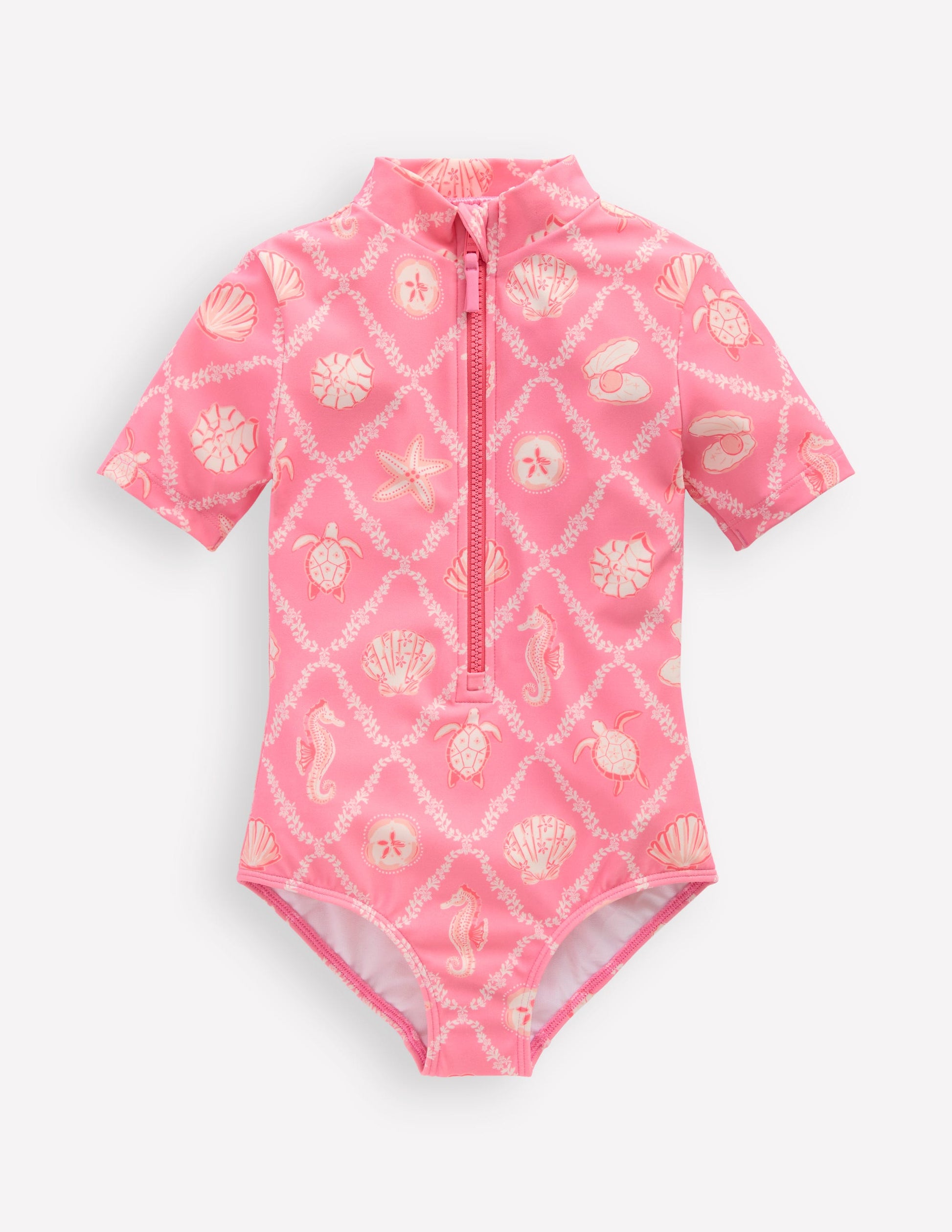 Short Sleeve Swimsuit-Salmon Pink Shell Tile-1