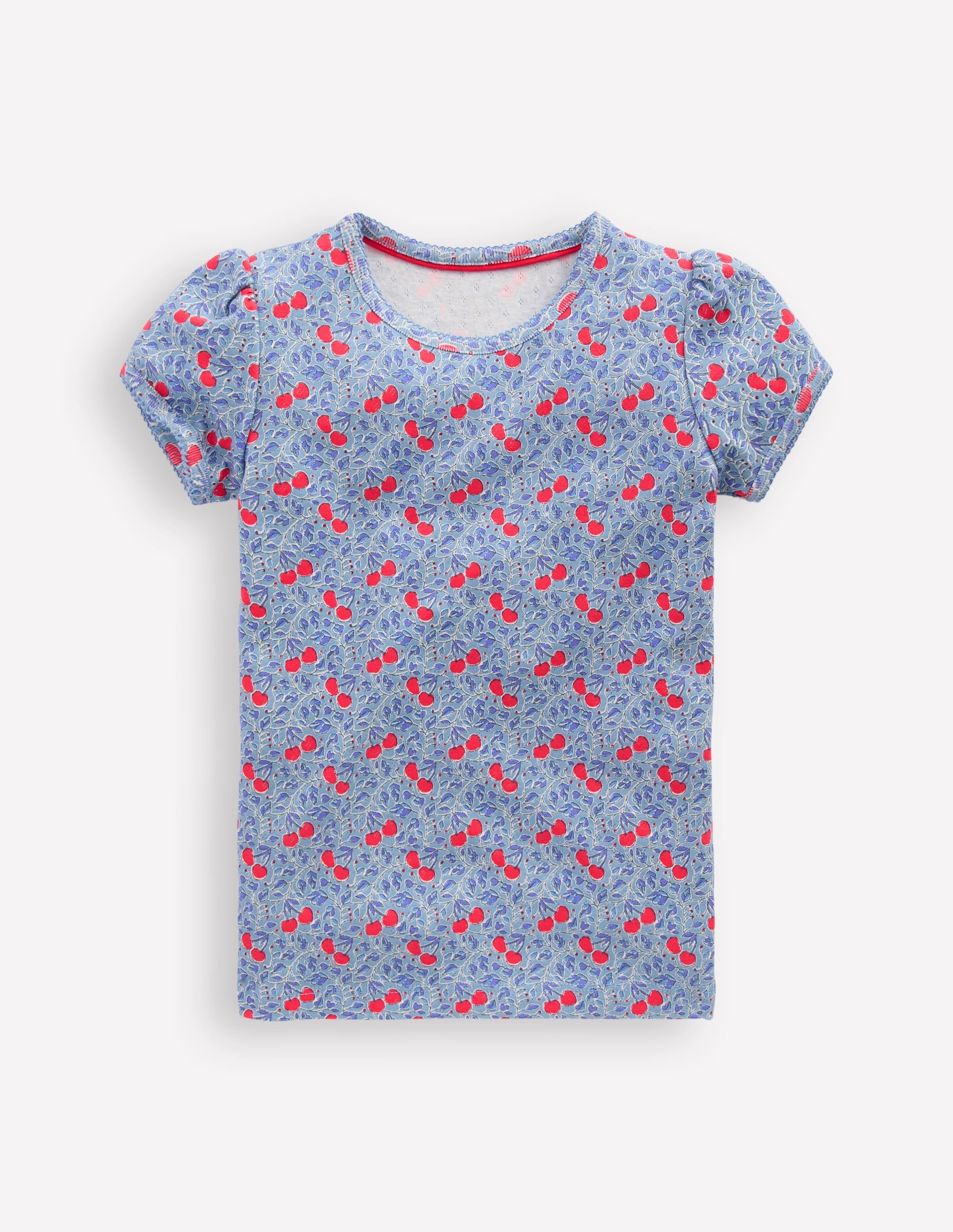 Short Sleeve Pointelle Top-Blue Cherries - Image 1