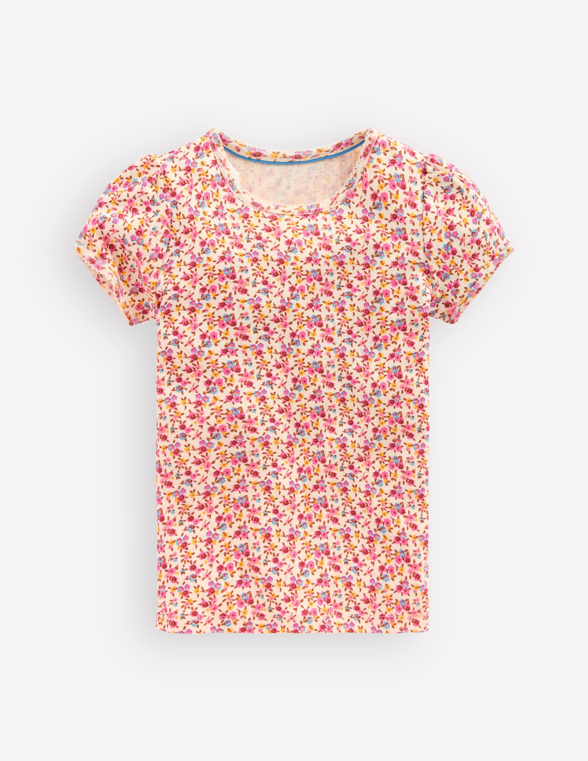 Short Sleeve Pointelle Top-Neon Pink Ditsy Floral - Image 1