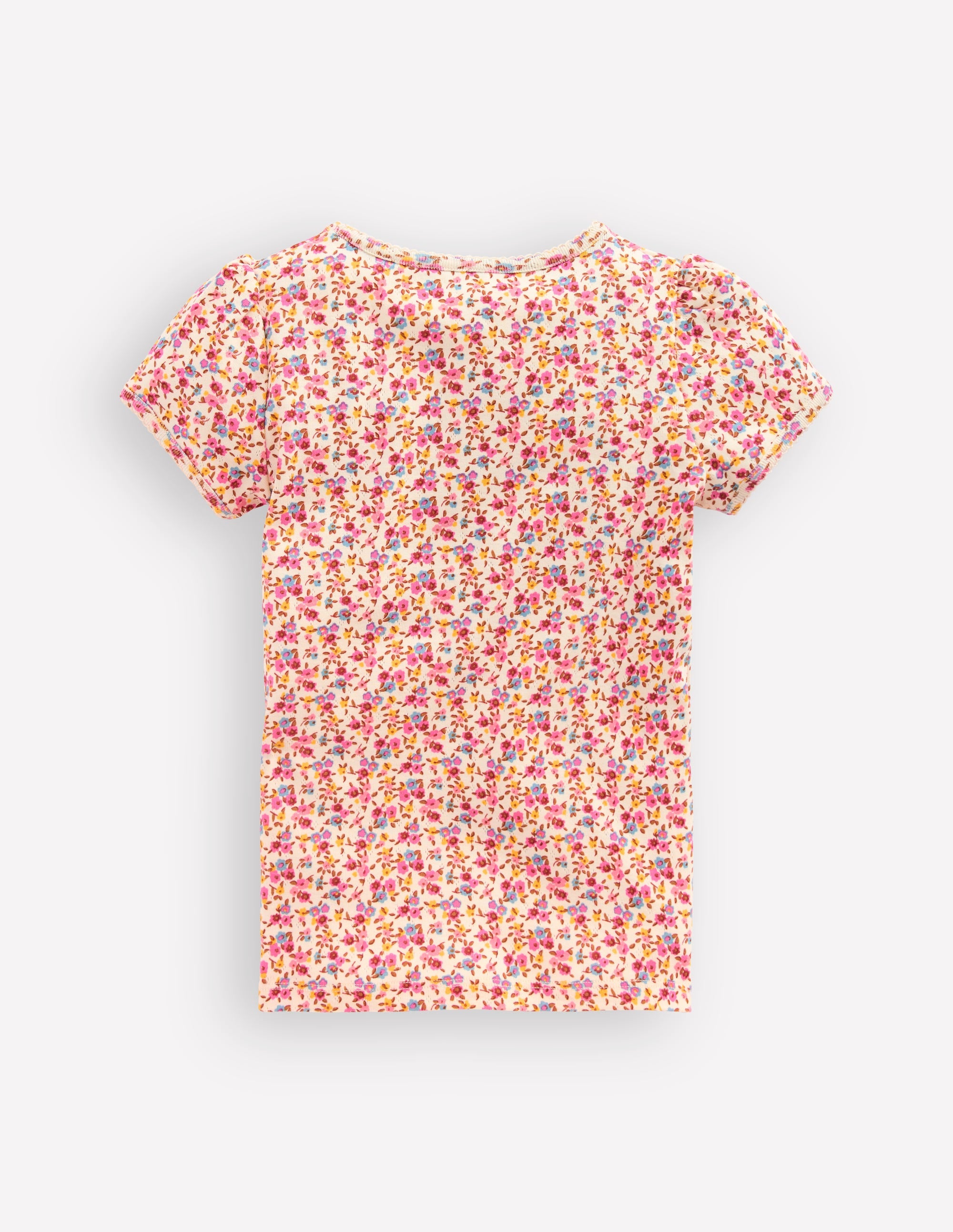 Short Sleeve Pointelle Top-Neon Pink Ditsy Floral - Image 2