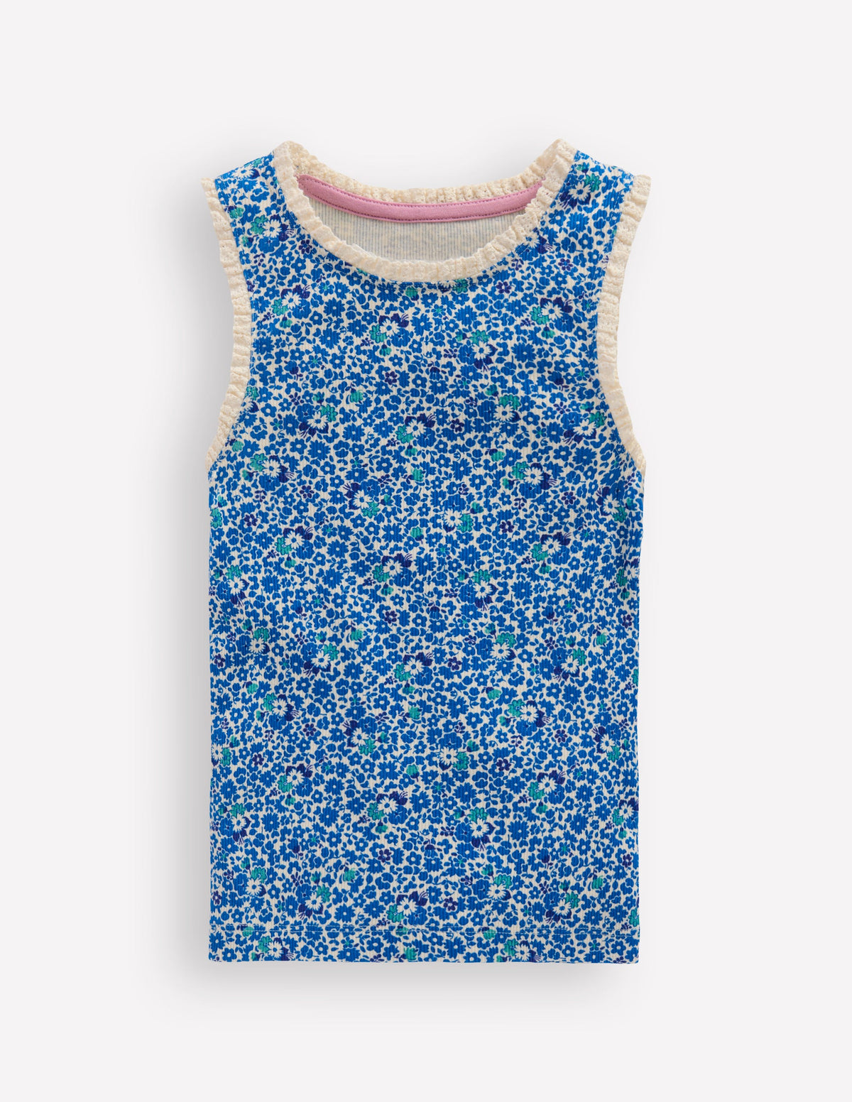 Ribbed Lace Trim Vest-Cabana Blue Ditsy Floral - Image 1