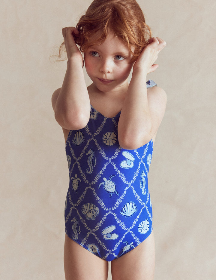 Hallie Frill Strap Swimsuit-Regency Blue Shell Tile