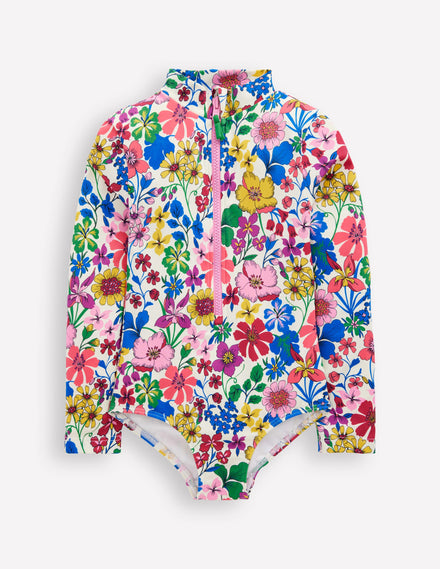 Long-sleeved Swimsuit-Multi Rainbow Floral
