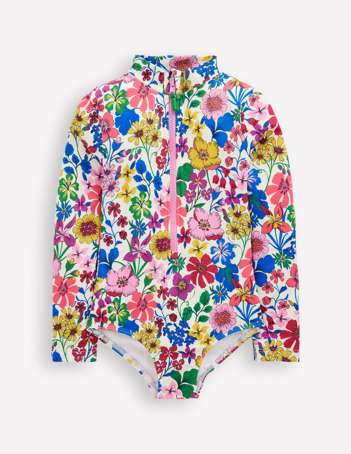 Long-Sleeved Swimsuit-Multi Rainbow Floral