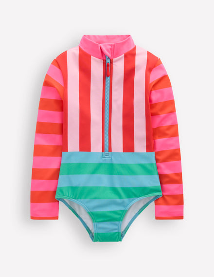 Long-sleeved Swimsuit-Multi Hotchpotch Stripe