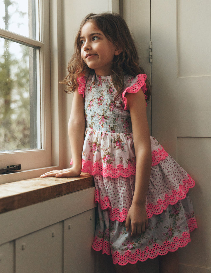 Tiered Lace Woven Dress-Festival Pink Ditsy Rose