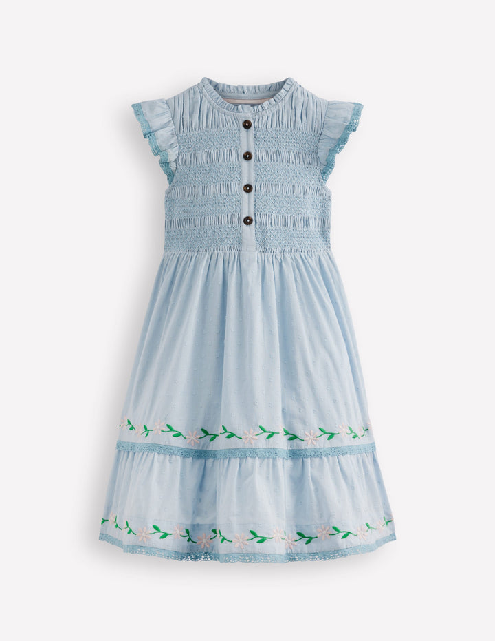 Shirred Bodice Midi Dress-Misty Blue