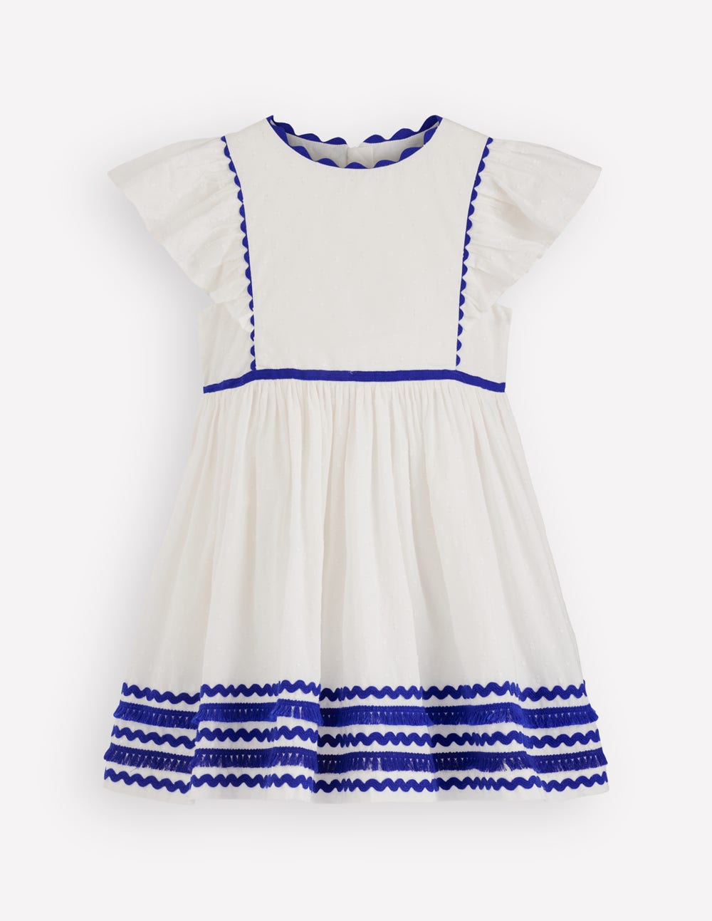 Flutter Sleeve Ric Rac Dress-Soft Ivory/ Bright Blue-1