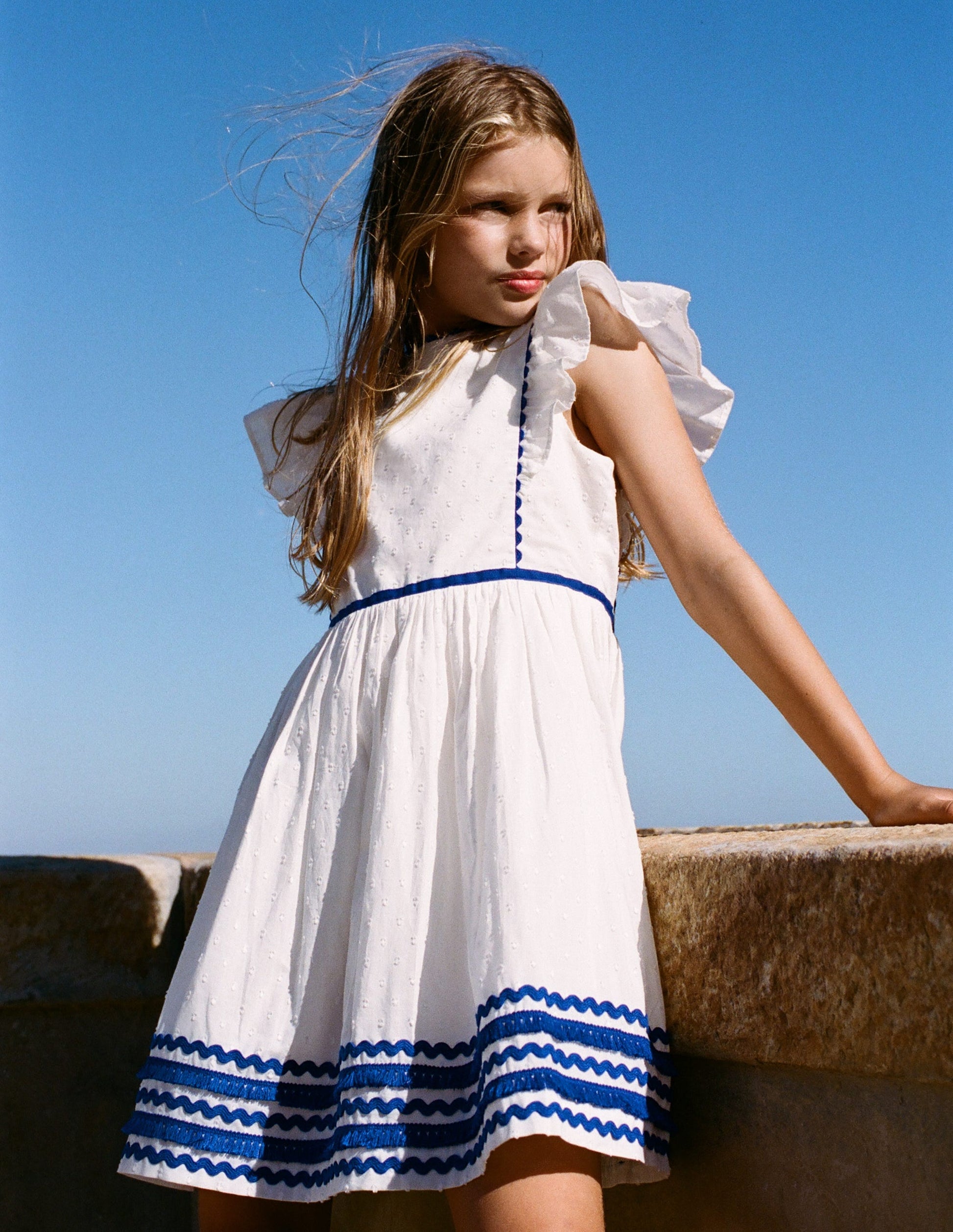 Flutter Sleeve Ric Rac Dress-Soft Ivory/ Bright Blue-4