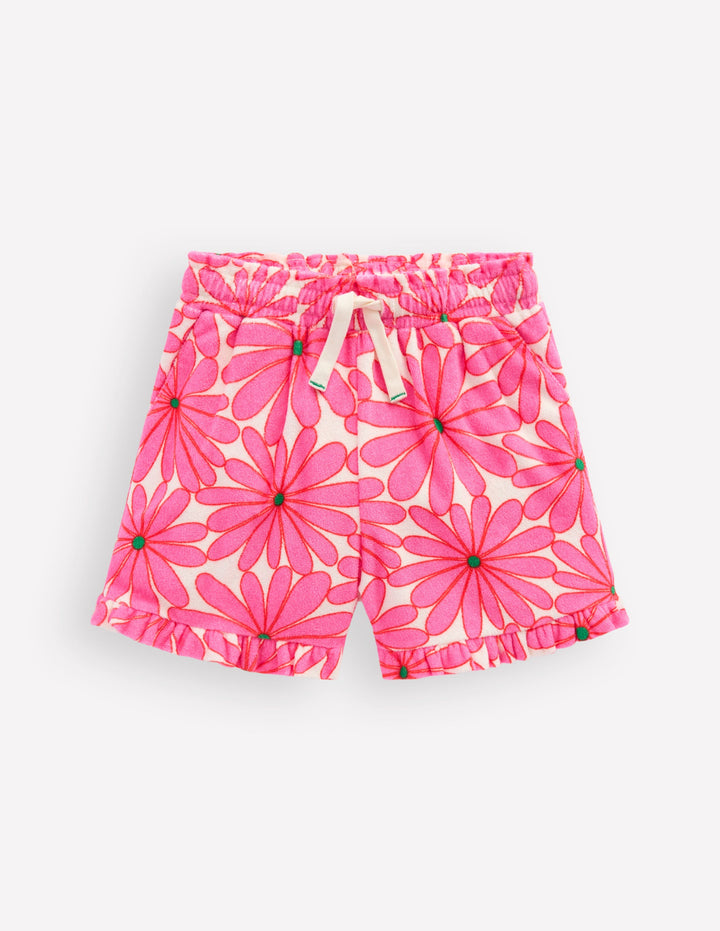 Towelling Ruffle Shorts-Festival Pink Giant Daisy