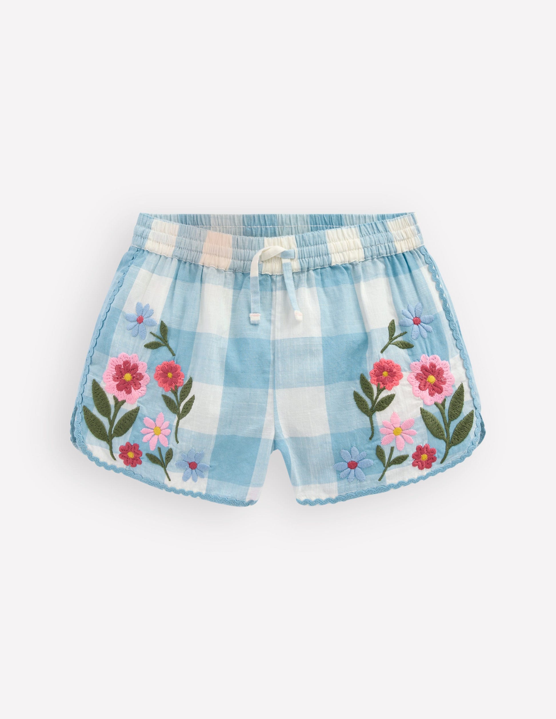 Pull-on Woven Shorts-Blue Gingham Embroidery-1